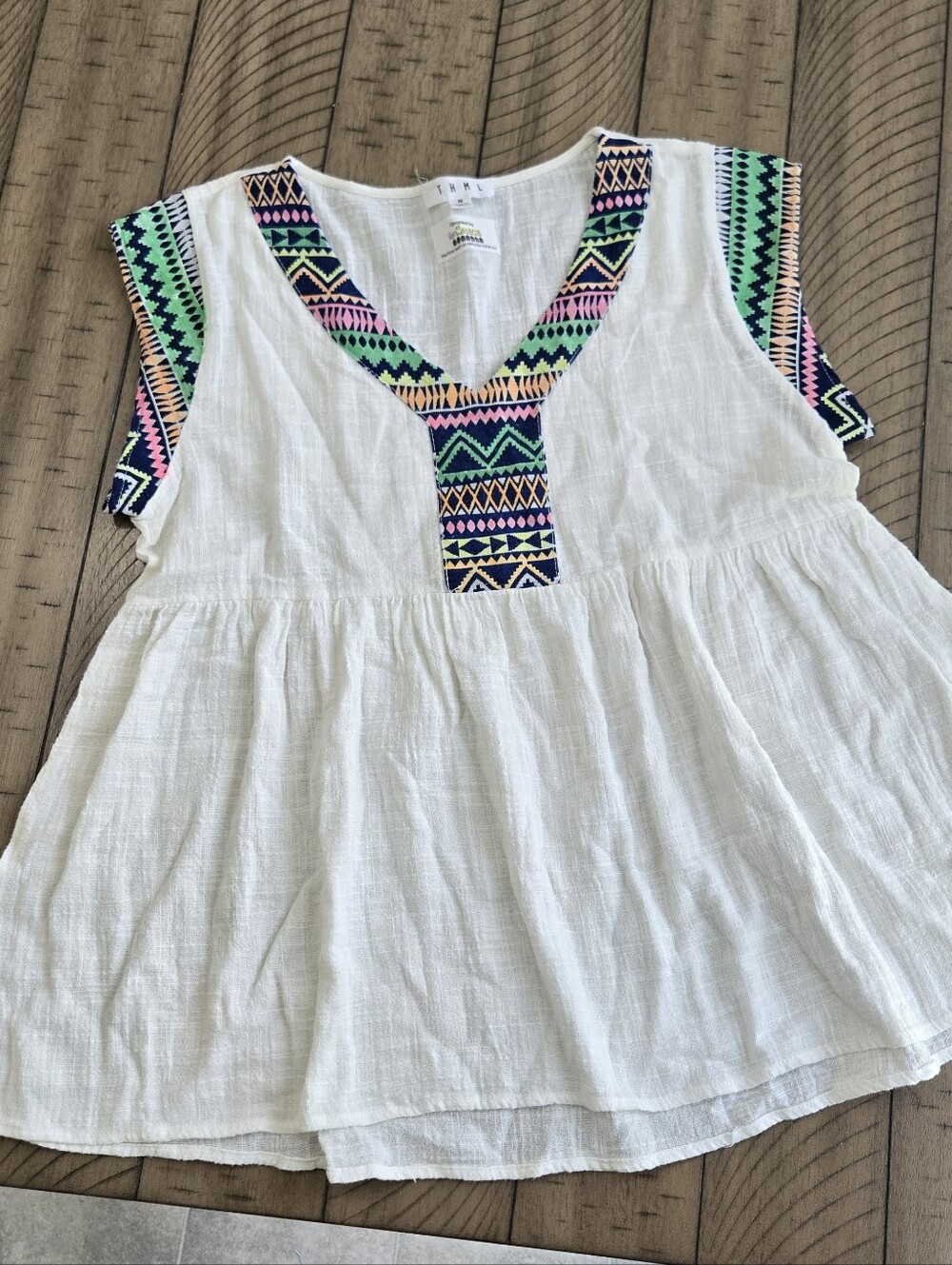 THML White Peasant Top with Multicolor Trim